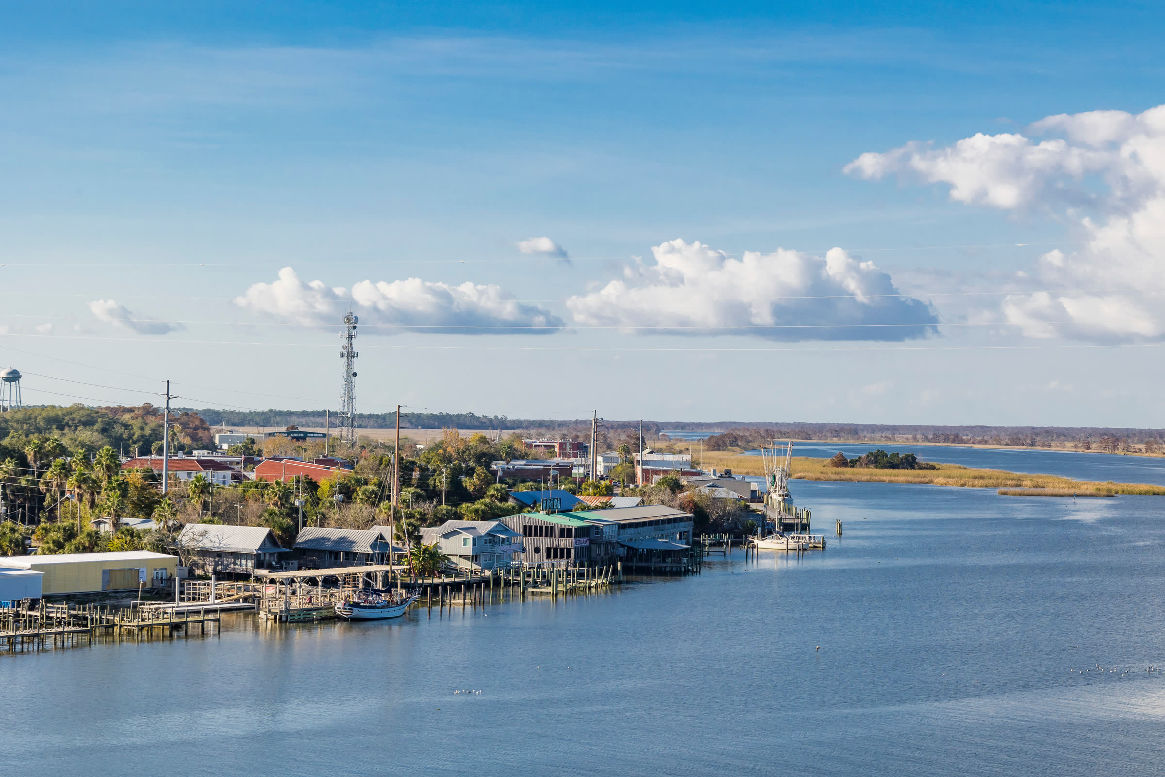 Docks, fish houses and working boats along the Apalachicola waterfront